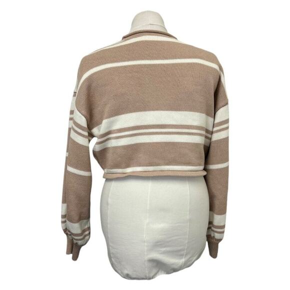 Women’s Cropped Knit Chunky Oversize Sweater With Tan White Stripes M - Picture 3 of 5